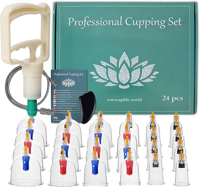 Uplife Cupping Kit for Massage Therapy, 24 Cups Professional Therapy Set with Gua Sha Stone for Muscle Pain Relief & Cellulite Reduction, Vacuum Cupping Set with Manual Pump for Home & Spa