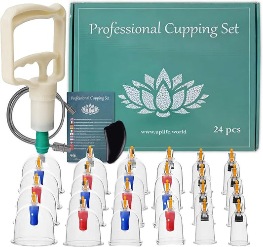 Uplife Cupping Kit for Massage Therapy, 24 Cups Professional Therapy Set with Gua Sha Stone for Muscle Pain Relief & Cellulite Reduction, Vacuum Cupping Set with Manual Pump for Home & Spa