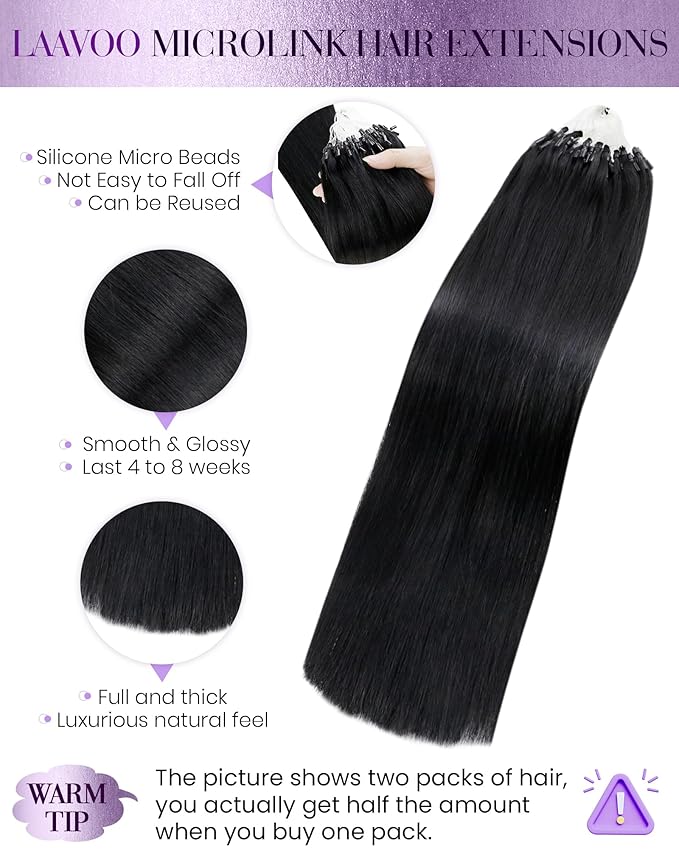 LaaVoo Micro Link Hair Extensions Human Hair Black Microbead Hair Extension Invisible Microlink Extensions Jet Black Human Hair 18inch 50g 50s