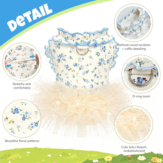 Dog Dresses for Small Dogs Girl,Floral Dog Tutu Dress,Pet Clothes for Puppy Small Cats Cute Dog Princess Skirt for Female Pet Birthday Party Outfit（Blue,Large）