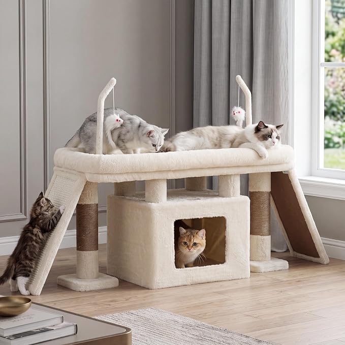 Heybly Cat Tree Extra-Long & Stable 2 Adjustable Scratch Boards HCT210SMJ | Easy-Climb Cat Tower with Dual-Leg Floor Condo, Sturdy Cat Furniture with Extra Wide Platform & Interactive Toys, Beige