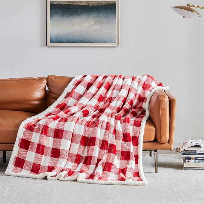 Sherpa Red and White Buffalo Plaid Christmas Twin Blanket 60" X 70", Fuzzy Fluffy Soft Cozy Blankets, Fleece Flannel Plush Microfiber Throw for Couch Bed Sofa (Red and White)