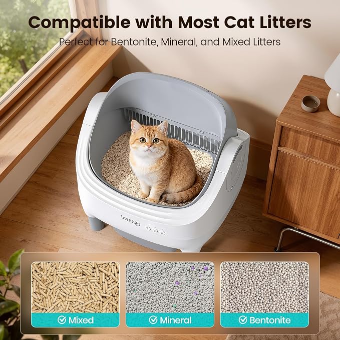 Invengo Self Cleaning Litter Box, Open Top Automatic Litter Box with App Control for Multiple Cats, Safety Sensors Protection, Odor Control Includes 2 roll Liners,Large Waste Bin, Warm Grey