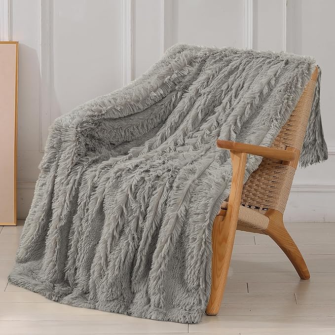 Decorative Extra Soft Fuzzy Faux Fur Throw Blanket 50" x 60",Solid Reversible Long Hair Shaggy Blanket,Fluffy Cozy Plush Comfy Microfiber Fleece Blankets for Couch Sofa Bedroom,Quiet Grey
