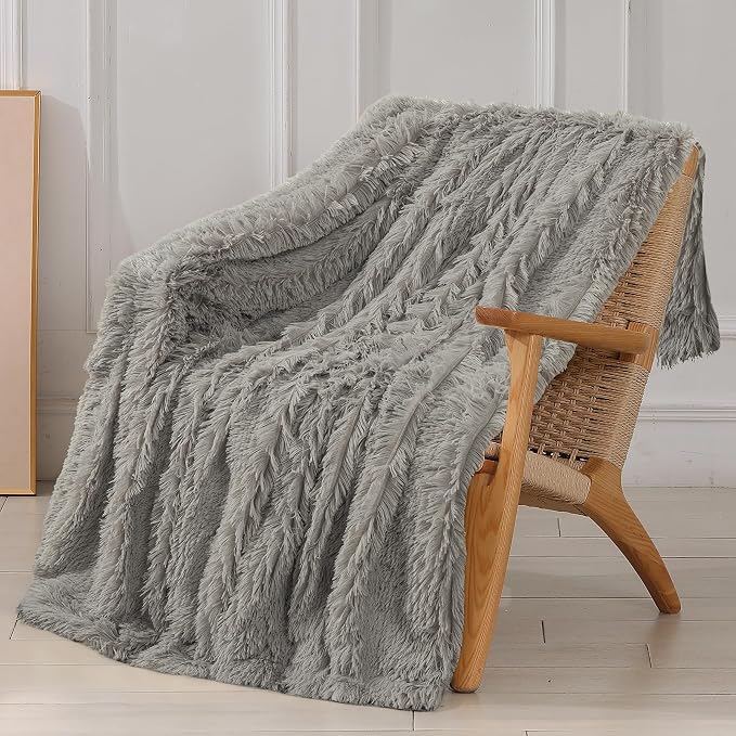 Decorative Extra Soft Faux Fur Blanket Twin Size 70" x 78",Solid Reversible Fuzzy Fluffy Cozy Plush Fleece Comfy Microfiber Blanket for Couch Sofa Bed,Quiet Grey