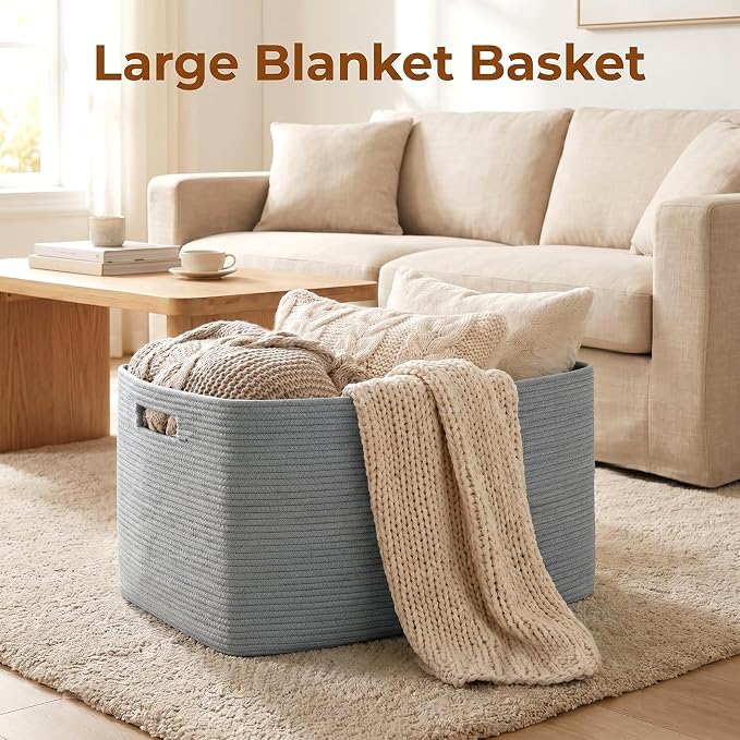 OIAHOMY 75L Large Blanket Basket, Woven Blanket Storage Basket with Handle, Cotton Rope Basket for Organizing 22”x17”x12”, Blanket Basket living Room, Toy Basket for Nursery, Grey