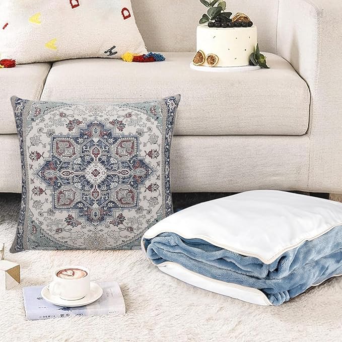 Boho Throw Pillow Covers 22x22 inch Set of 2,Soft Pillowcases Bohemia Carpet Printing Pattern Decorative Sofa Living Room Bed Square Pillow Case Cushion Cover-Blue Cyan