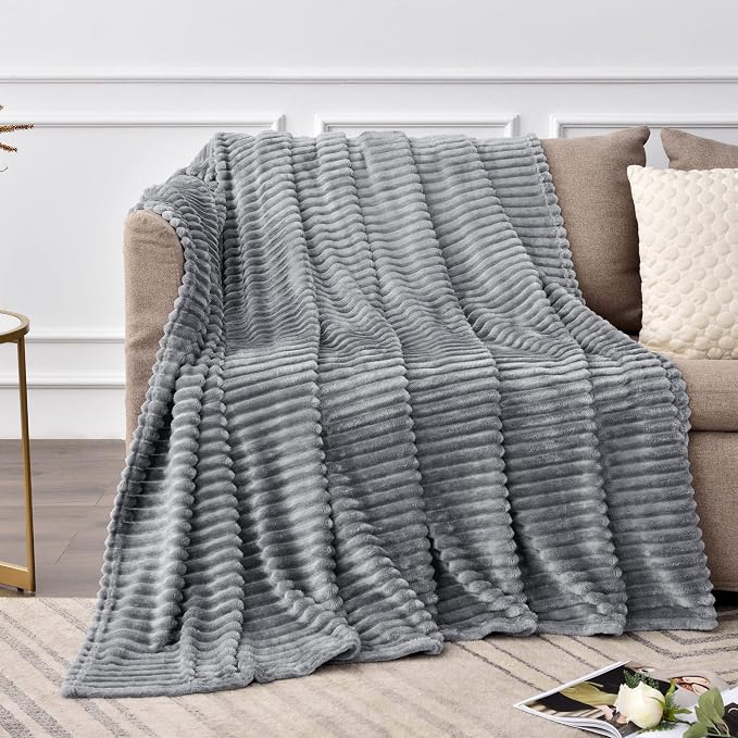BEDELITE 3D Ribbed Jacquard Grey Fleece Throw Blanket for Couch, 50x70 Inch | Soft Warm Decorative Fluffy Blanket, Cozy Plush Lightweight Fuzzy Throw Blanket for Bed Sofa Home Room Decor, Gift for Women