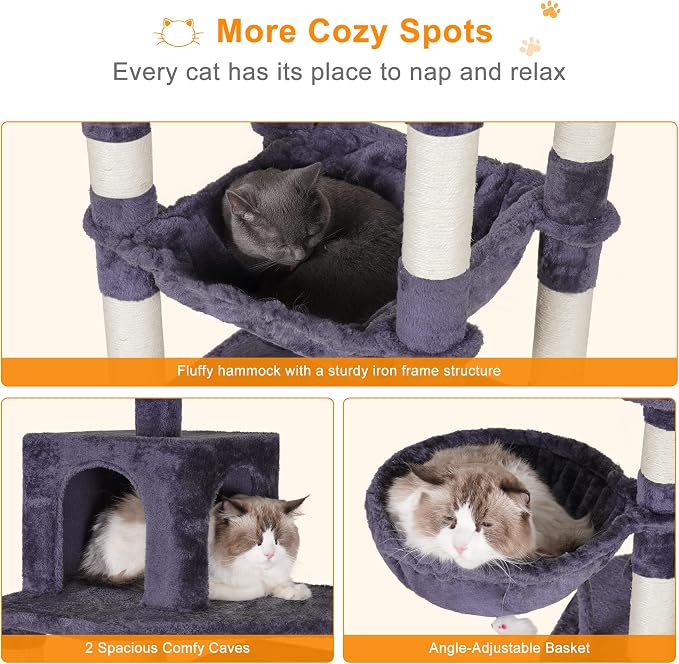 Heybly Cat Tree, 70 inches Tall Cat Tower for Indoor Large Cats HCT032G | Big Cat Condo with Toy , Cat House Furniture with Padded Plush Perch, Cozy Hammock and Sisal Scratching Posts, Smoky Gray