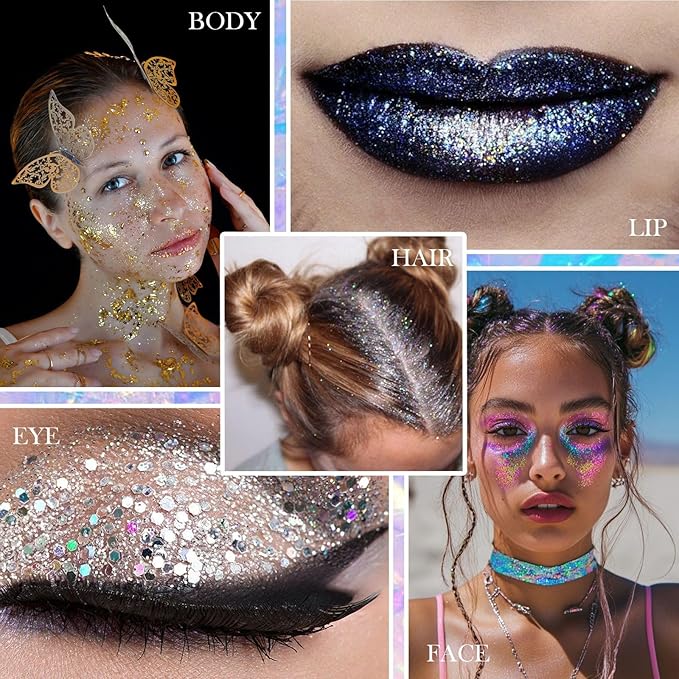 Body Face Glitter Makeup - Christmas Face Glitter Kids Stocking Stuffers, Sparkly Chunky Hair Glitters, Mermaid Birthday Decorations Rave Outfits for Kids (Blue Body Glitter)