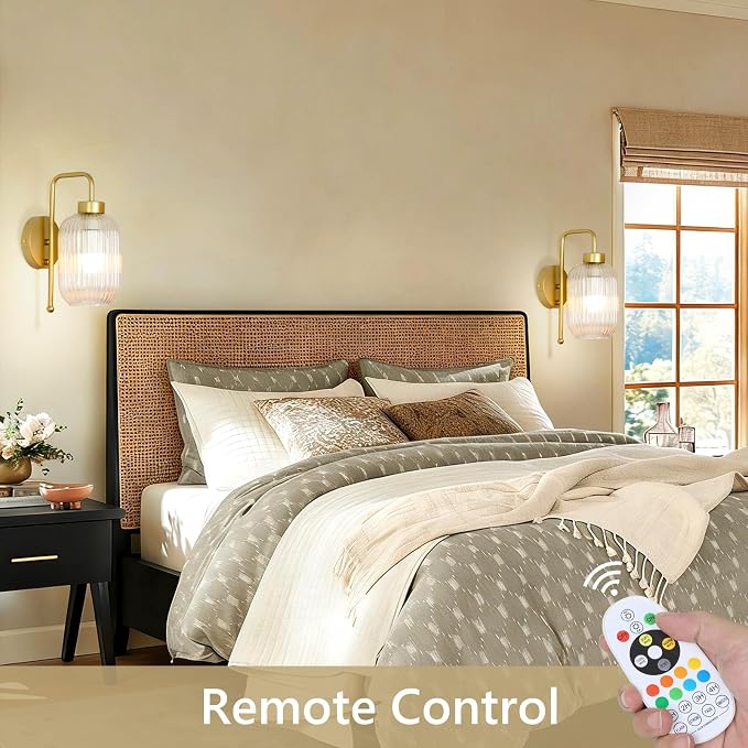 LAMSU Vintage Battery Operated Wall Sconces Set of 2, Wireless Wall Lights with Remote and Color Temperature Bulb, Gold Cordless Rechargeable Wall Lamps with Clear Glass Shade for Bedroom Living Room