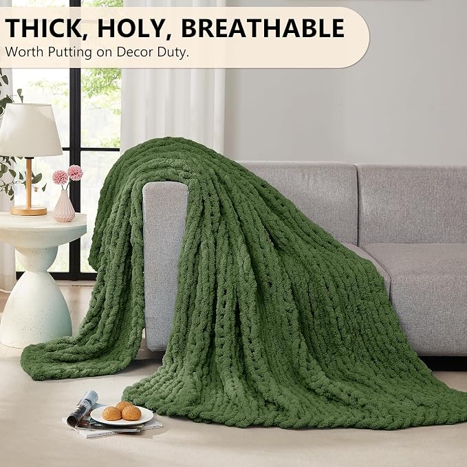L'AGRATY Chunky Knit Throw Blanket for Couch, 60 x 80 Inches, Moss Green | Handmade Chenille Crochet Blanket for Sofa Bed, Thick Cable Knitted Blankets for Room Home Decor, Birthday Gift for Women Mom