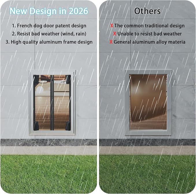 Dog Door for Wall, Energy Efficient French Doggy Door with Aluminum Frame, Telescoping Tunnel and Magnetic Flaps, Easy Install for Walls 4"- 7 7/8" Thick, XLarge
