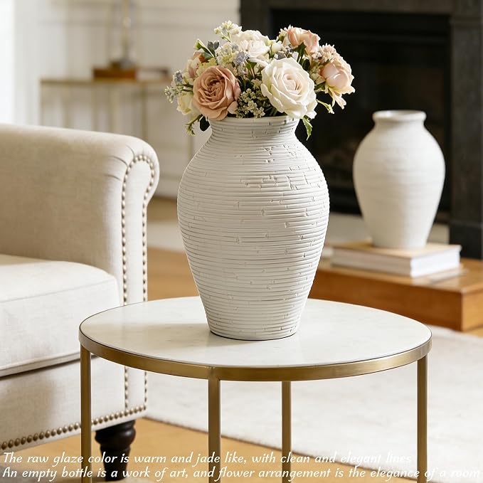 Ceramic Flower Vases Set of 2, 8.1 Inch Rustic Farmhouse Decorative Terracotta Vases for Home Decor, Table, Mantle, Fireplace, Living Room, Bathroom, Wedding Centerpiece Gifts for Women