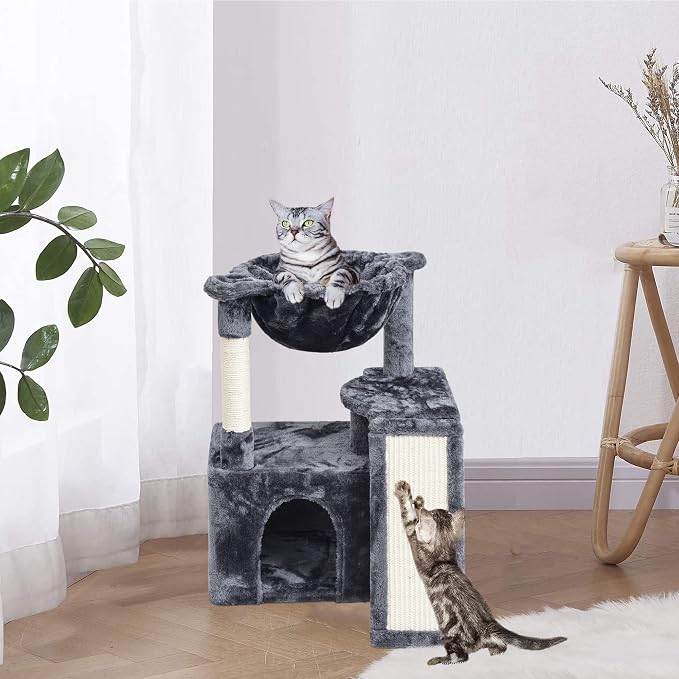 SYANDLVY 23.62" Cat Tree for Indoor Large Cats, Cat Tower with Scratching Posts & Board, Modern Cat Bed Furniture with Condo & Basket (Smoky Grey)
