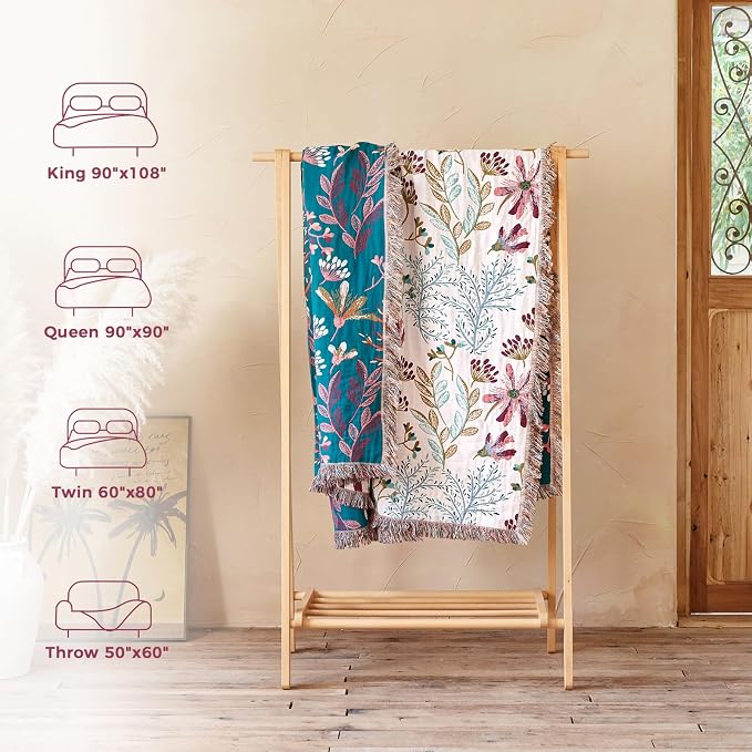LUTBM Boho Throw Blanket for Bed 60"x80", All Season Cotton Couch Blankets | Reversible Floral Jacquard, Muslin Gauze Twin Quilt, For Chair Sofa Bedroom Living Room, Lightweight & Breathable, Home Decor