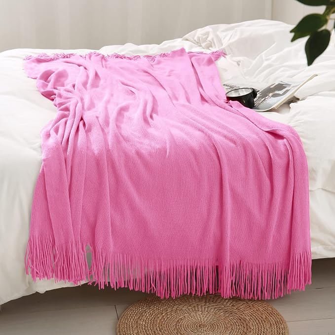 Homiest Hot Pink Knitted Throw Blanket with Fringe, 50x60 Inch | Pure Acrylic, Lightweight & Breathable, All-Season Use, Machine Washable, Wrinkle & Fade Resistant, for Couch Sofa And Bed