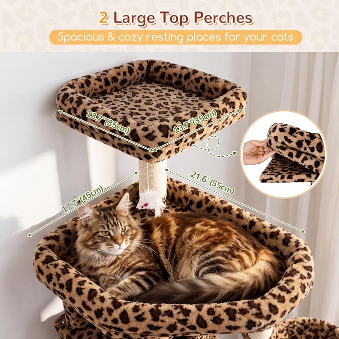 Globlazer Extra Large Leopard Cat Tree 82in Tall Heavy Duty Cat Tree for Indoor Cats Large Adult Big Cat Tower with 8 Scratching Posts, 2 Condos, 2 Padded Perches, 3 Baskets, S82, Leopard Print