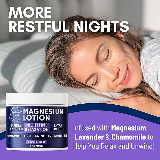 Nighttime Magnesium Lotion for Sleep | Lavender Magnesium Cream with L-Theanine & Chamomile | Topical Cream for Relaxation Adults & Kids | Non-Greasy, Vegan, Made in USA | 4oz by Brookethorne Naturals