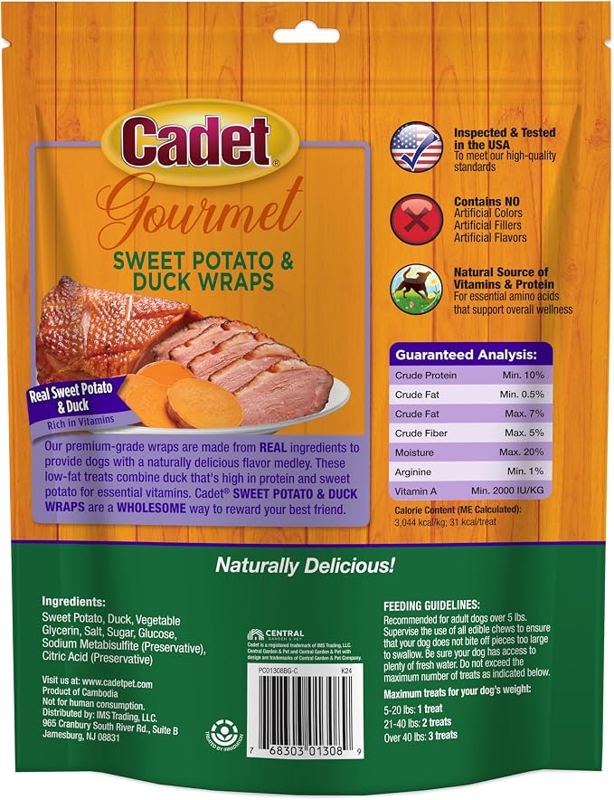 Cadet Gourmet Sweet Potato & Duck Wrapped Biscuits Dog Treats, 14 oz | Real sweet potato & duck, dog treats wraps, crunchy healthy dog treats, great for training, for small & large breeds