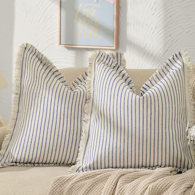 Throw Pillow Covers 18x18 Set of 2 Striped Pillow Covers with Fringe Chic Cotton Decorative Pillows Square Cushion Covers for Sofa Couch Bed Living Room Farmhouse Decor(Bright Blue)