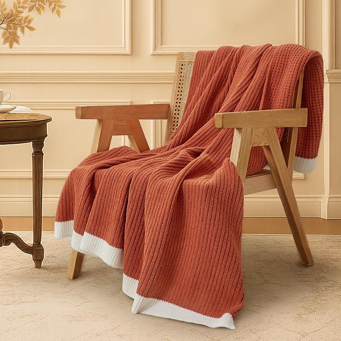 Chenille Throw Blanket, Soft Cozy Waffle Throw for Couch & Sofa, Warm Yet Lightweight, Breathable All-Season Throws for Women Men, Housewarming, Birthdays, 50"x60", Orange