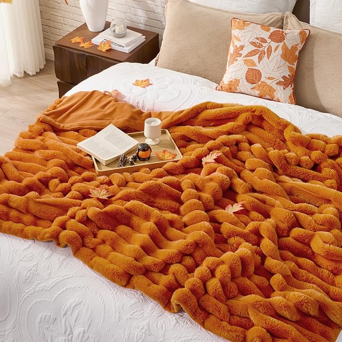 Cozy Bliss Faux Fur Throw Blanket for Couch, Cozy Warm Plush Striped Blanket for Sofa Bedroom Living Room, 60 * 80 Inches Burnt Orange