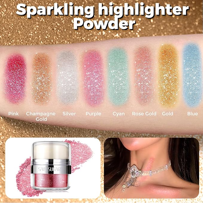 Body Shimmer Powder, Body Glitter Powder with Sponge Head, 3D Contour & Long Lasting Luminous, Glow Highlighter Makeup for Face, Eyes, Hair, Perfect for Daily, Party (Pink, 1.13 Oz)