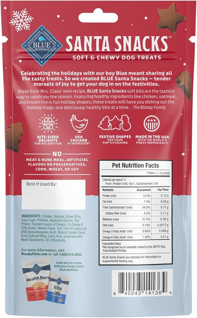 Blue Buffalo Santa Snacks Chicken Dog Treats, 4.5 oz | Limited-Time Holiday Treat, Soft-Moist Training Bits, Seasonal Shapes, No Chicken By-Product, Corn, Wheat, or Soy