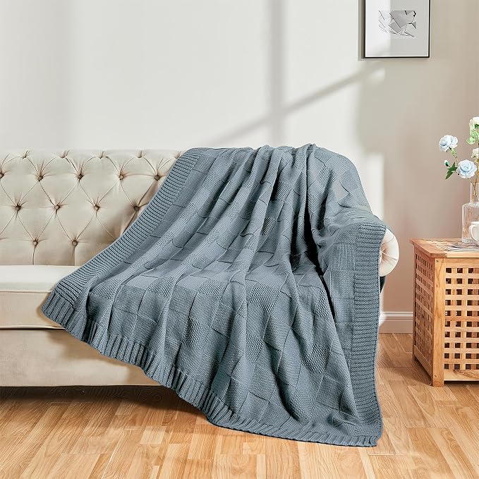 CozeCube Dusty Blue Knitted Checkered Throw Blanket 60"X80" | Check Knit Throw for Couch, Decorative Christmas Soft Cozy Warm Blanket for Bed Sofa Living Room