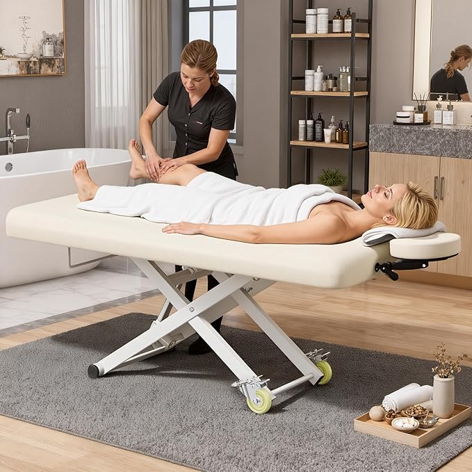 Electric Massage Table Bed - Facial Spa Treatment Table, Esthetician Bed with Wheel, Hand & Foot Pedal Dual Control Adjustable Height 440lbs, Professional Salon & Beauty Spa Use (Beige)