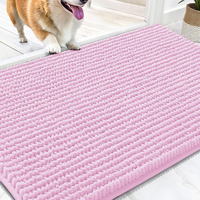 OLANLY Dog Door Mat for Muddy Paws 30x20, Extra Absorbent Chenille Mud Mat | Pink, Absorbs Moisture and Dirt, Non-Slip Machine Washable Doormat, Quick-Drying Indoor Entryway Floor Mat for Dogs