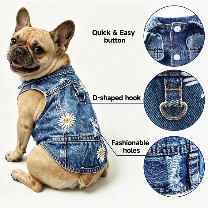 Dog Jean Jacket,Blue Denim Vest for Small Pet,Cute Clothes with D-Ring | Soft Washed Cotton Denim Costume,Cool Apparel Dress Shirt for Puppy,Classic Coat Outfit for Small Dogs Cats Boy Girl