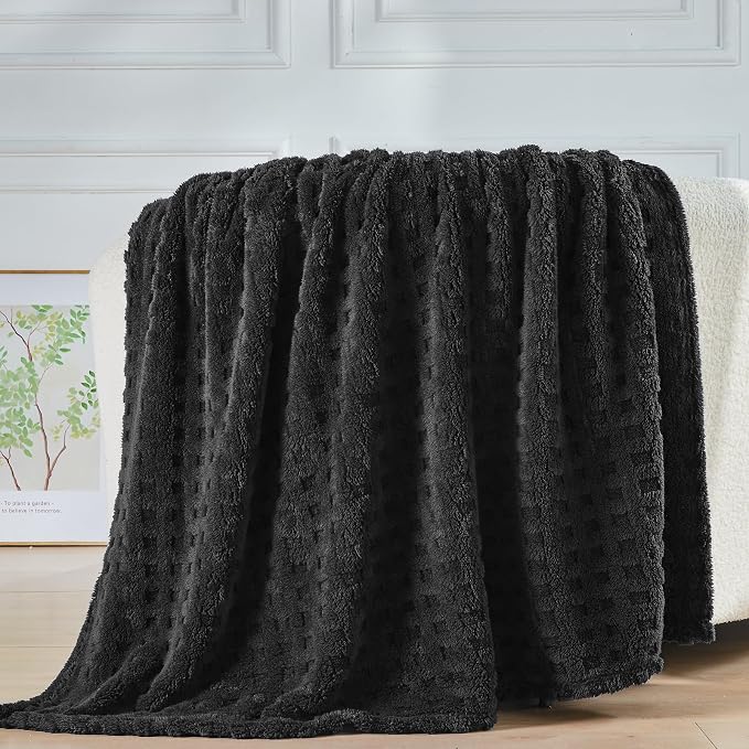 NEWCOSPLAY 3D Waffle Checkered Flannel Queen Blanket, Black, 90"x90" | Super Soft Cute Lightweight Decorative Premium Silky Fleece Blanket for Couch Sofa Bed, Gift for Women Men, All Season Use