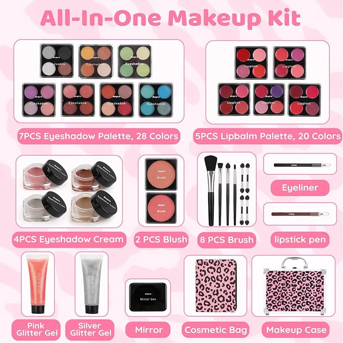 Anpro All-In-One Leopord Double Folding Makeup Kit with Case, Pro Teen Makeup Set, Full Starter Kit with Makeup Brushes, Lipsticks, Eyeshadow Palette, Blushes, Glitter Gel, Ideal Present for Girls