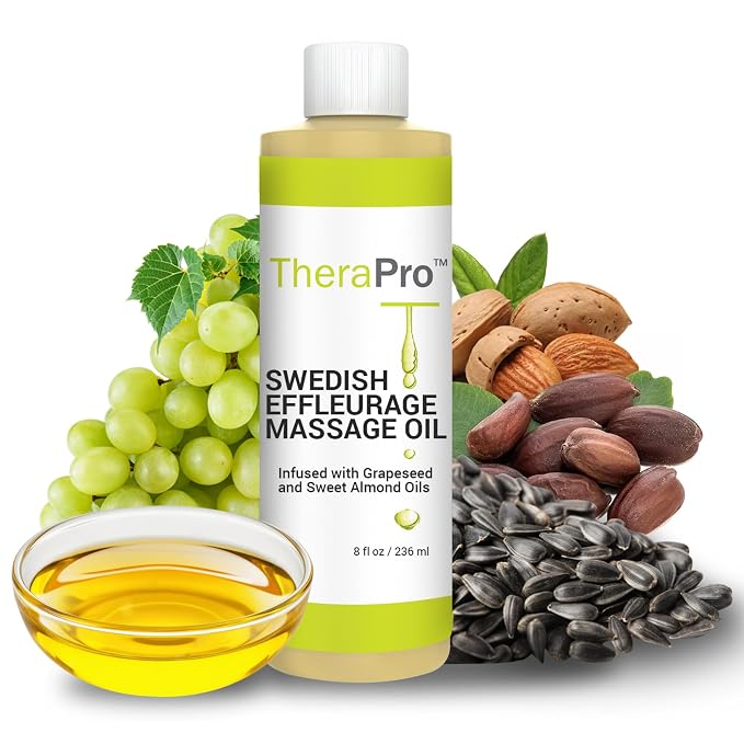 Swedish Effleurage Massage Oil by TheraPro - 8 Ounce - All Natural Unscented Massage Oil for Massage Therapy - Grapeseed Oil, Almond Oil, Jojoba, Vitamin E - Water Soluble
