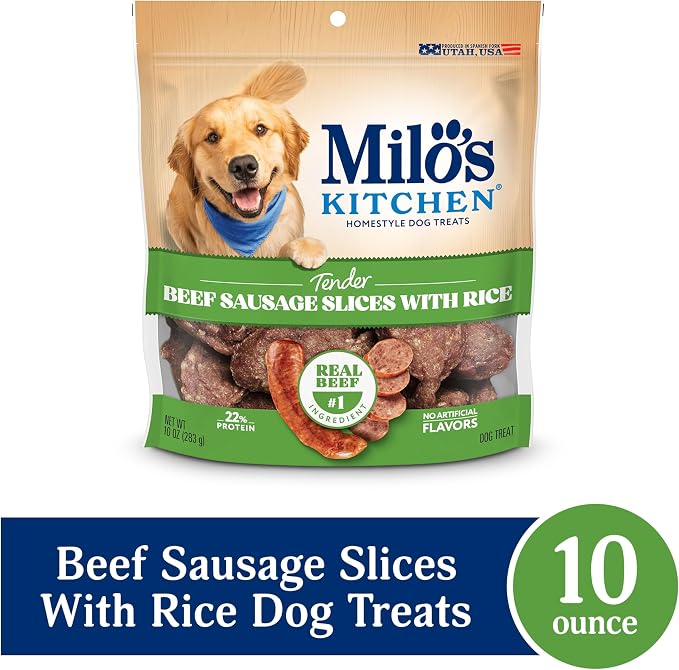 Milo’s Kitchen Beef Sausage Slices With Rice Dog Treats, 10 Oz. Bag