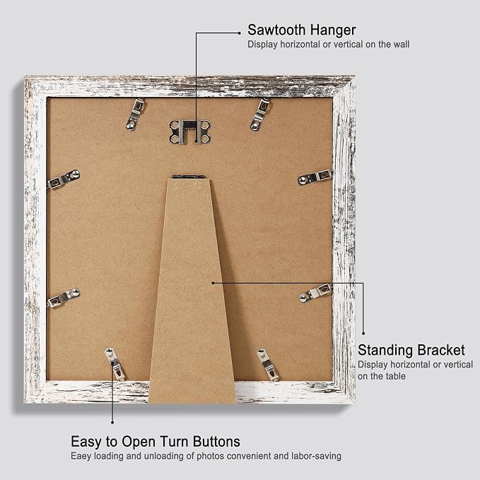 Hongkee 10x10 Picture Frame Set of 4, Made of Glass and Distressed White Wooden Frame - Display Picture 8x8 with Mat or 10 x 10 Without Mat, 10 by 10 Photo for Wall or Tabletop