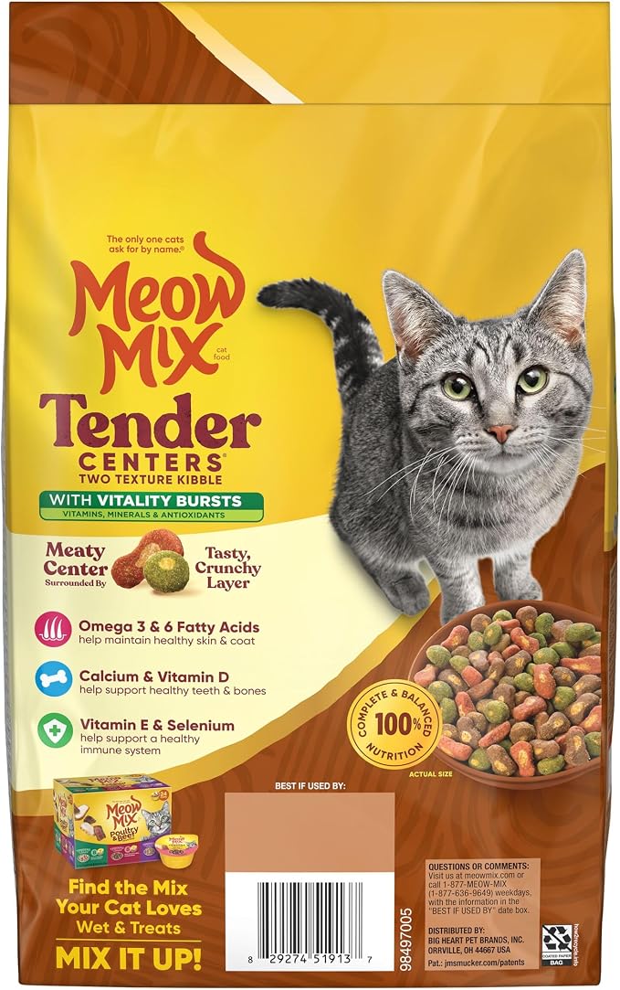 Meow Mix Tender Centers, Dry Cat Food, Salmon & Turkey Flavors, 4 Bags | 3-lb bags, two texture kibble with vitality bursts, meaty center surrounded by a crunchy outer layer