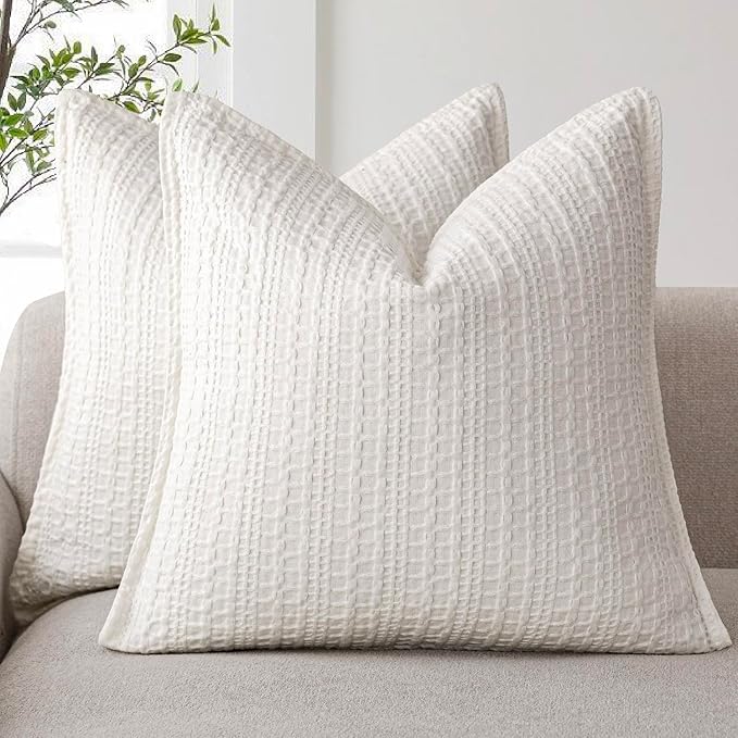 Foindtower Set of 2 Decorative Cotton Waffle Weave Throw Pillow Covers Euro Shams Cushion Covers Accent European Pillowcase for Bed Couch Sofa Bedroom Living Room Home Decor 18×18 Inch Cream White