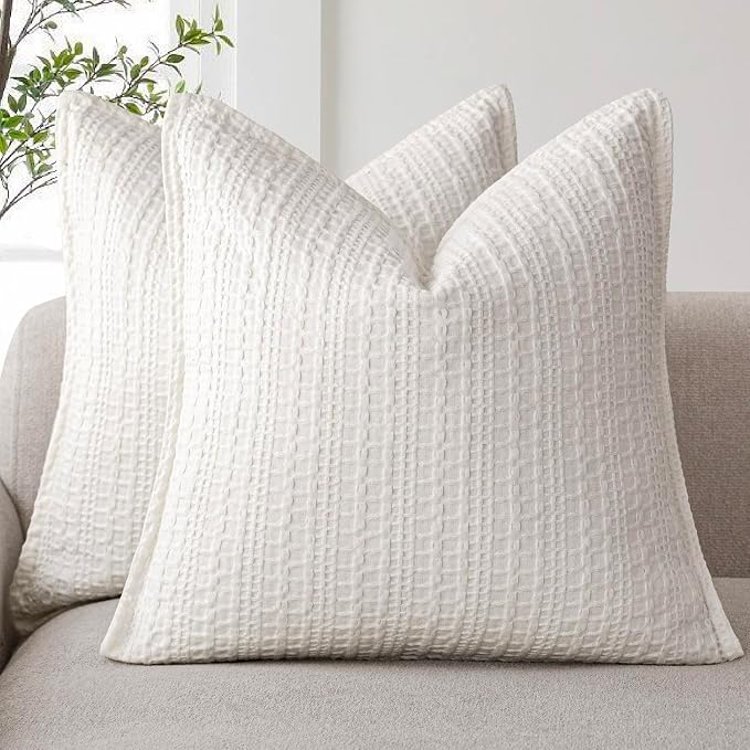Foindtower Set of 2 Decorative Cotton Waffle Weave Throw Pillow Covers Euro Shams Cushion Covers Accent European Pillowcase for Bed Couch Sofa Bedroom Living Room Home Decor 20×20 Inch Cream White