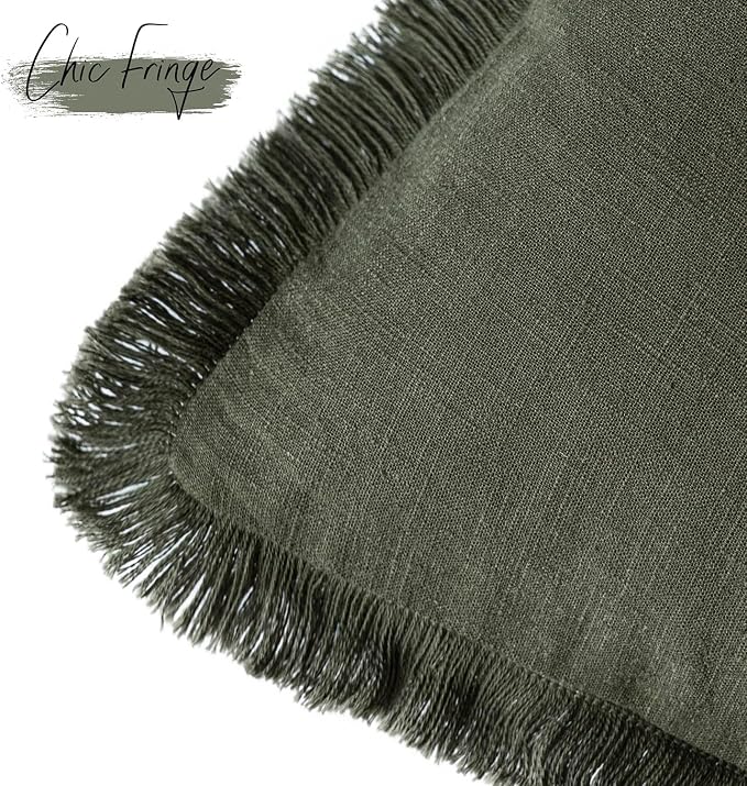 Foindtower Set of 2 Decorative Linen Fringe Throw Pillow Covers Cozy Farmhouse Cushion Cover with Tassels Accent Pillowcase for Couch Chair Sofa Bed Living Room Home Decor,16×16 Inch,Dark Olive Green