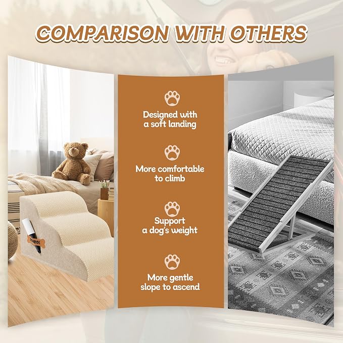 Romrol Dog Stairs Ramp for High Beds Couches, High Density Foam Pet Steps with Durable Non-Slip Waterproof Fabric Cover, Dog Stairs for Small Dogs or Cats or Pets, 3-Step,15 Inch,Beige