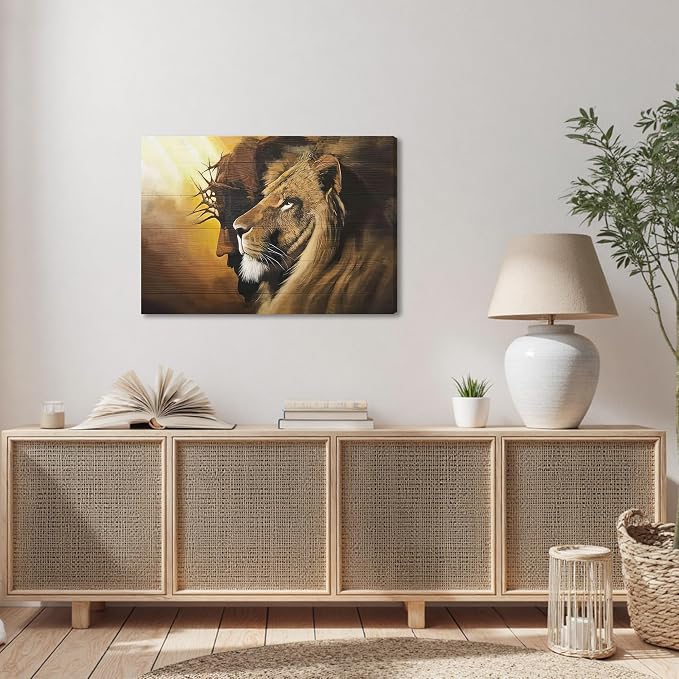 Fantasy Artists Framed Jesus Christ Canvas Wall Art The Lion of Judah Christian Painting Prints Biblical Wall Decor Religious Room Decor for Church Prayer Room Christian Schools Hospitals 20"x30"