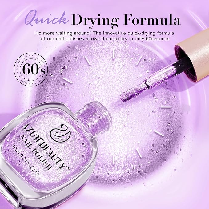 AZUREBEAUTY Nail Polish Set Fast Drying Glitter Pink Purple Spring Summer 4 Colors Lilac Nail Polish Natural Nail Lacquer Fingernail Kit with Top Coat DIY Salon Home