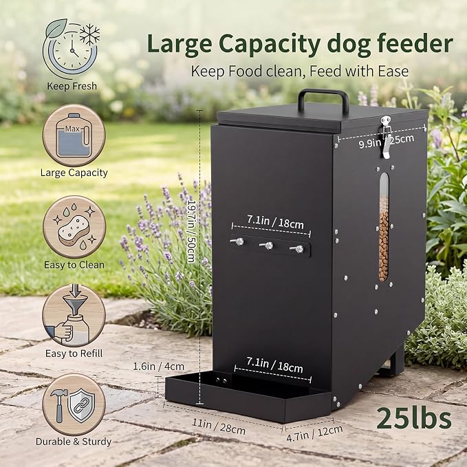 25 Lbs Hanging Automatic Dog Feeder for Large Dogs, Heavy Duty Metal Gravity Food Dispenser, Mounted Pet Cage Feeder for Breeds, Kennel, Outdoor Fence, Rabbit, Chicken, Ferret, Chinchilla