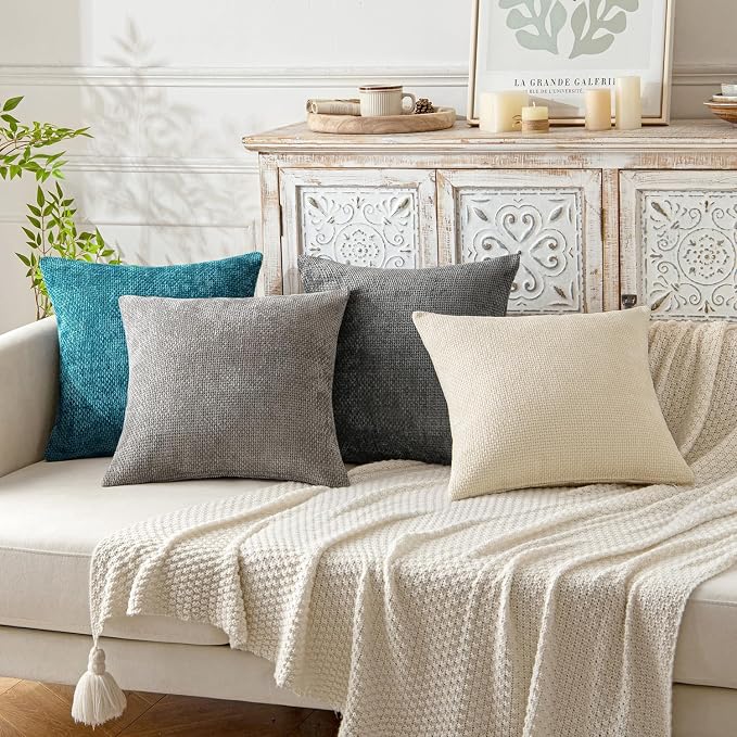 MIULEE Decorative Couch Throw Pillow Covers 18x18 Inch Coastal Teal 2 Pack | Coastal Modern Boho Accent, Soft Chenille Pillow Covers, Farmhouse Cushion Cases for Home Decor Bed Sofa Living Room