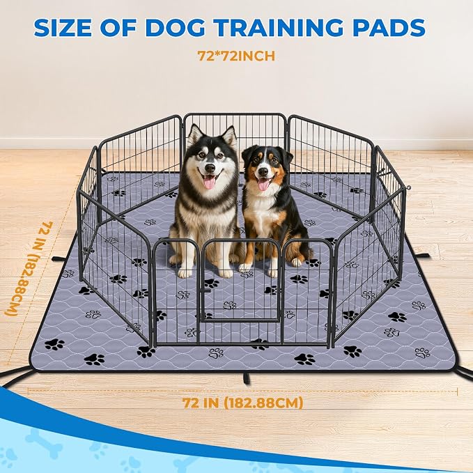 Fostanfly Washable Pee Pads for Dogs, Extra Large 72"x72"-2 Pack, Gray | Reusable Potty Pads, Non-Slip, Leakproof & Absorbent, Pet Mat for Puppy/Senior Dog Whelping Incontinence with 8 Tie Straps