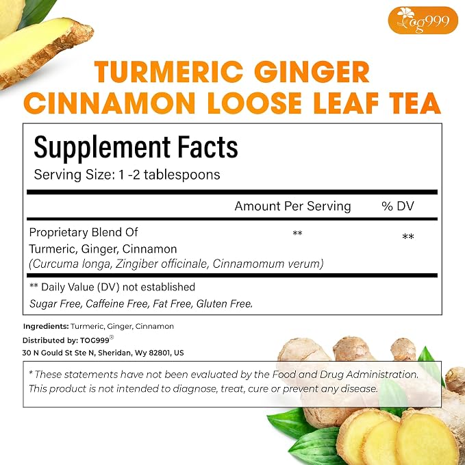 TOG999, Premium 12oz Ginger Turmeric Cinnamon Loose Leaf Herbal Tea. Improve Digestion, Support Brain, Weight, Skin and Sleep. Premium Quality Spiced Blend. No Sugar, No Caffeine, No Gluten, Vegan.