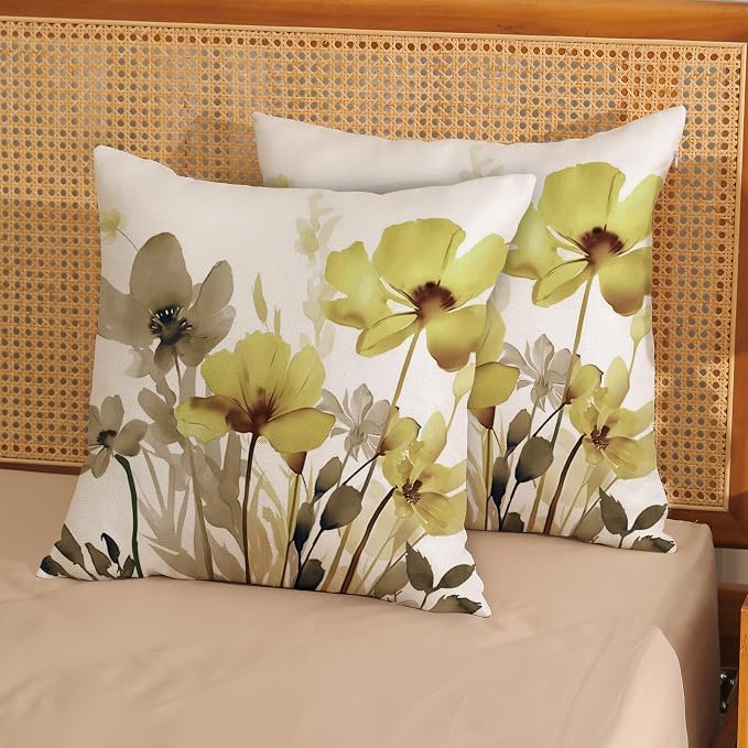 Spring Floral Pillow Covers 18x18 Inches Set of 2 Yellow Brown Floral Throw Pillow Covers Outdoor Rustic Summer Flower Decoration Pillowcase Farmhouse Decorative Cushion Cover for Couch Sofa